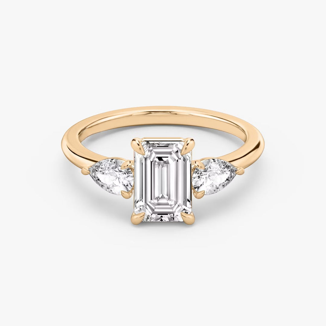 Emerald Cut - Plain Band - Three Stone Ring - 0.25 Ct Side Stone each - 14 K Gold