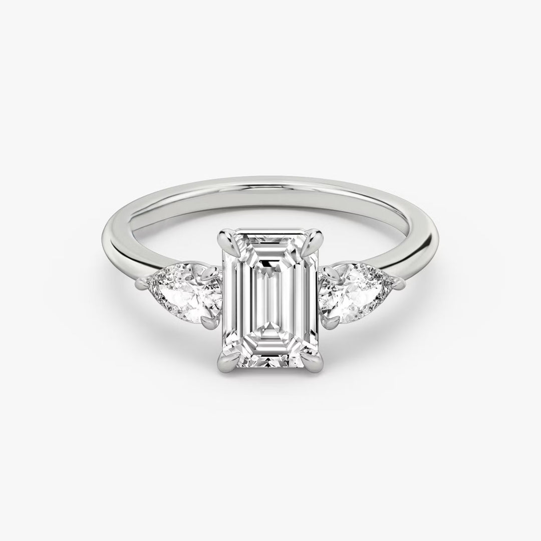 Emerald Cut - Plain Band - Three Stone Ring - 0.25 Ct Side Stone each - 14 K Gold