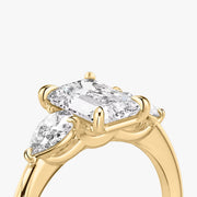 Emerald Cut - Plain Band - Three Stone Ring - 0.25 Ct Side Stone each - 14 K Gold