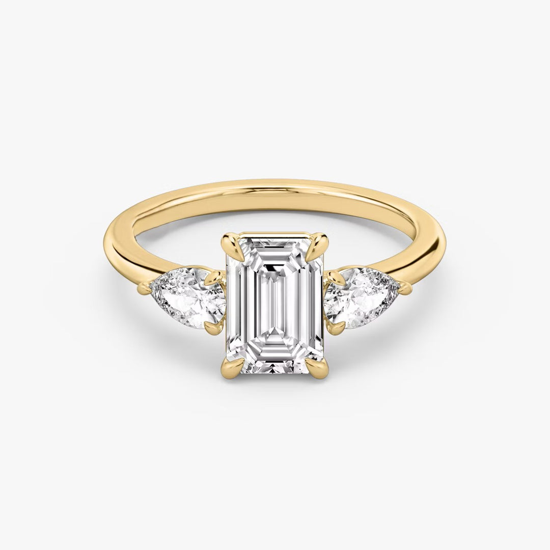 Emerald Cut - Plain Band - Three Stone Ring - 0.25 Ct Side Stone each - 14 K Gold