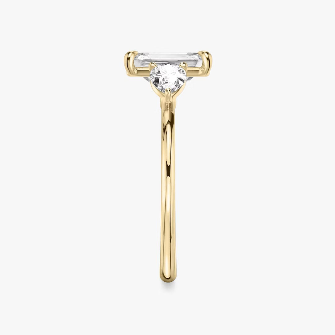 Emerald Cut - Plain Band - Three Stone Ring - 0.25 Ct Side Stone each - 14 K Gold