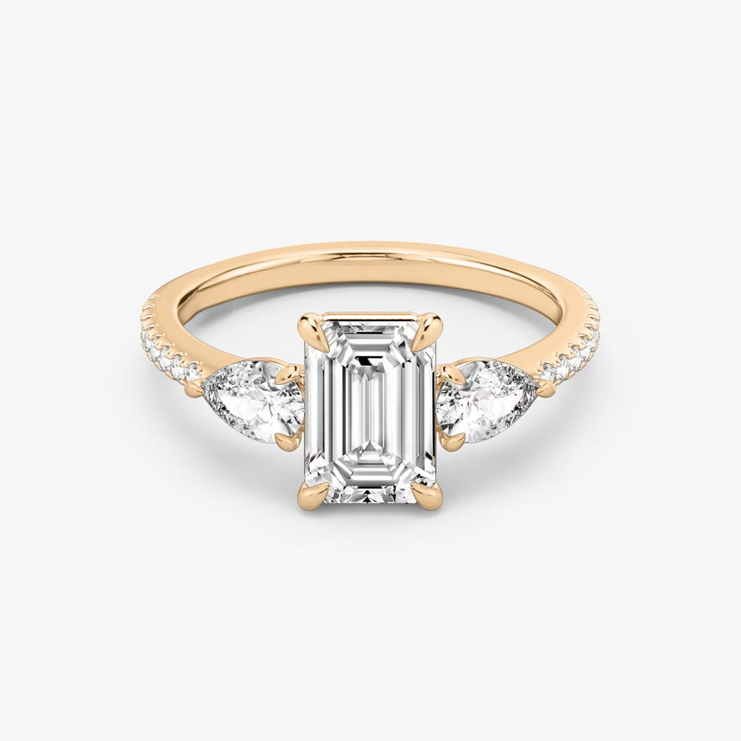 Emerald Cut - Pave Band - Three Stone Ring - 0.25 Ct Side Stone each - 18 K Gold