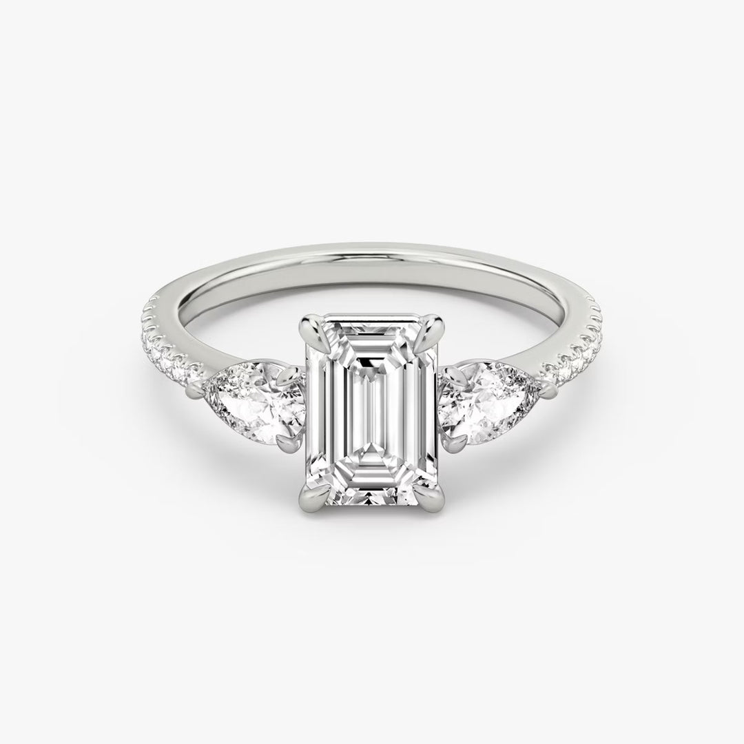 Emerald Cut - Pave Band - Three Stone Ring - 0.25 Ct Side Stone each - 18 K Gold