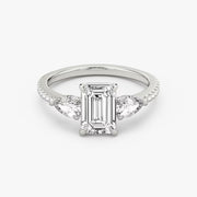Emerald Cut - Pave Band - Three Stone Ring - 0.25 Ct Side Stone each - 14 K Gold