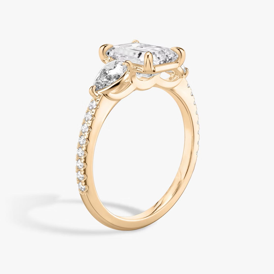 Emerald Cut - Pave Band - Three Stone Ring - 0.25 Ct Side Stone each - 18 K Gold