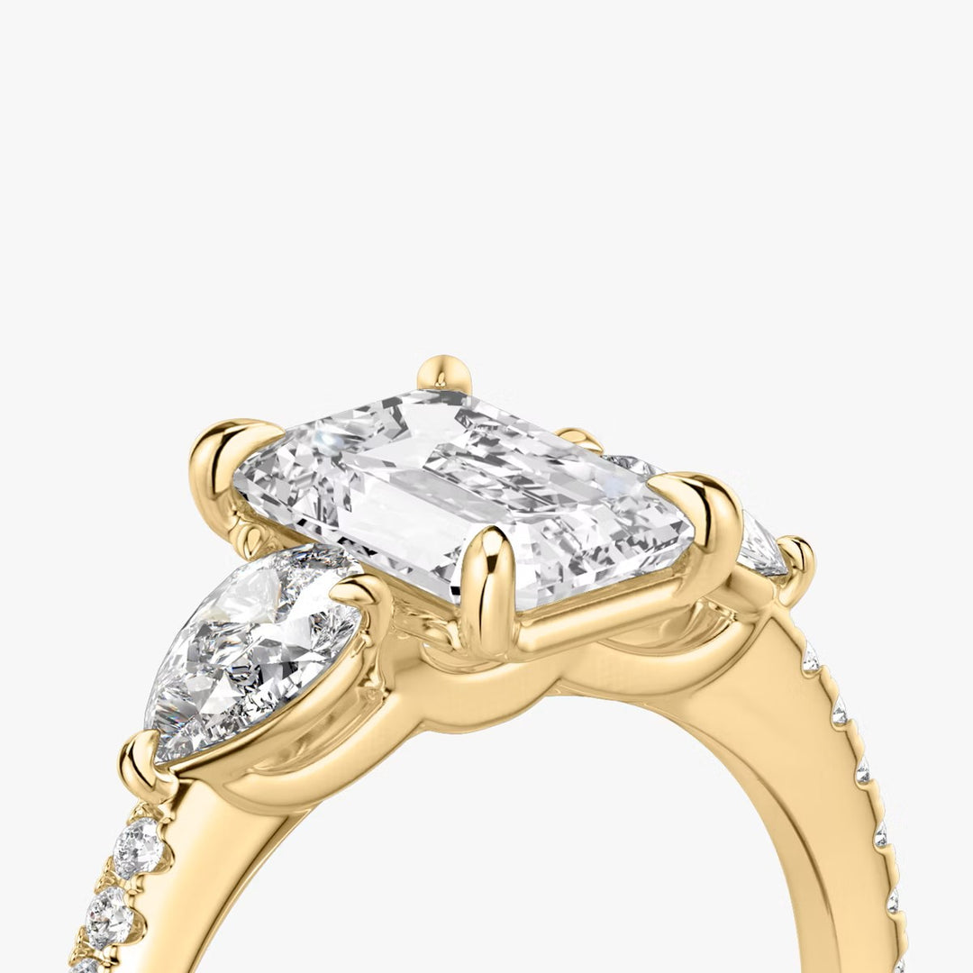 Emerald Cut - Pave Band - Three Stone Ring - 0.25 Ct Side Stone each - 18 K Gold