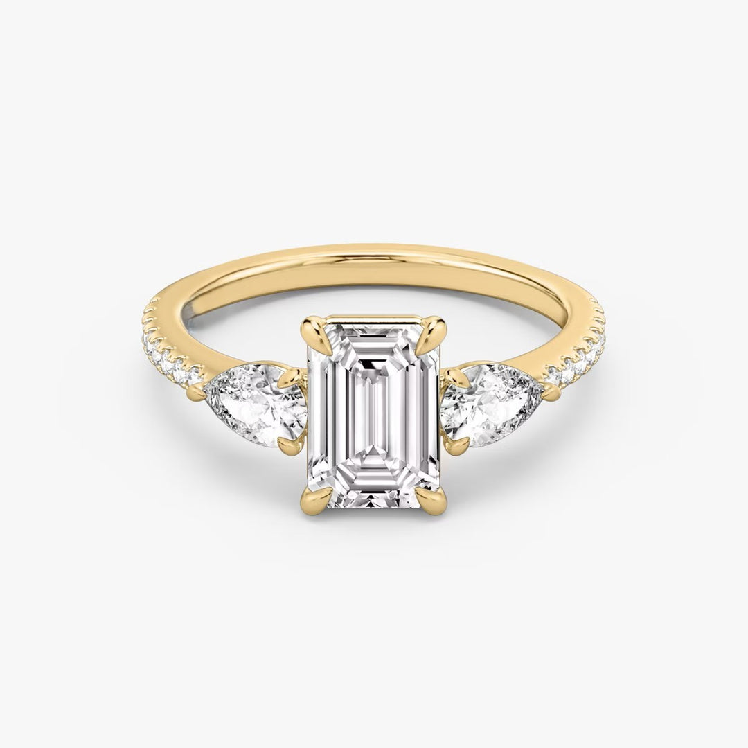Emerald Cut - Pave Band - Three Stone Ring - 0.25 Ct Side Stone each - 18 K Gold