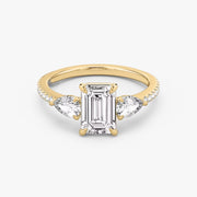 Emerald Cut - Pave Band - Three Stone Ring - 0.25 Ct Side Stone each - 14 K Gold