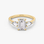 Load image into Gallery viewer, Emerald Cut - Pave Band - Three Stone Ring - 0.25 Ct Side Stone each - 18 K Gold
