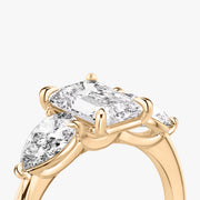 Emerald Cut - Plain Band - Three Stone Ring- 0.5 Ct Side Stone each - 14 K Gold