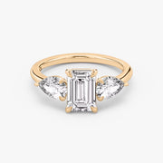 Emerald Cut - Plain Band - Three Stone Ring- 0.5 Ct Side Stone each - 18 K Gold
