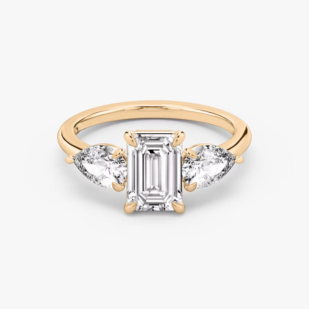 Emerald Cut - Plain Band - Three Stone Ring- 0.5 Ct Side Stone each - 14 K Gold