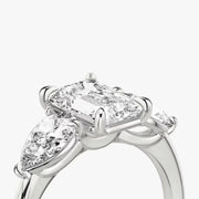 Emerald Cut - Plain Band - Three Stone Ring- 0.5 Ct Side Stone each - 18 K Gold