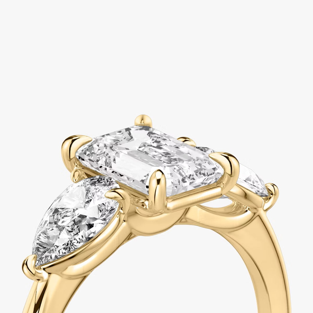 Emerald Cut - Plain Band - Three Stone Ring- 0.5 Ct Side Stone each - 18 K Gold