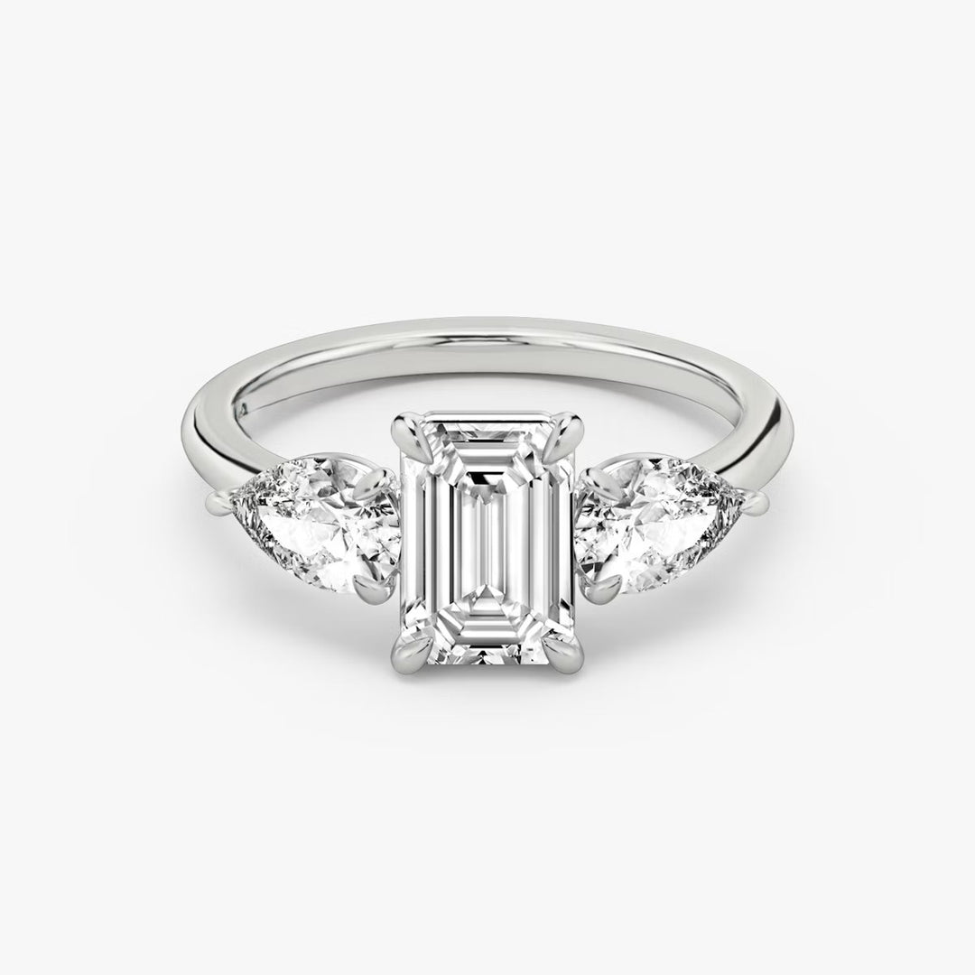 Emerald Cut - Plain Band - Three Stone Ring- 0.5 Ct Side Stone each - 14 K Gold