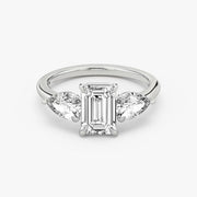 Emerald Cut - Plain Band - Three Stone Ring- 0.5 Ct Side Stone each - 14 K Gold
