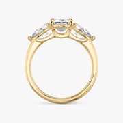 Emerald Cut - Plain Band - Three Stone Ring- 0.5 Ct Side Stone each - 18 K Gold