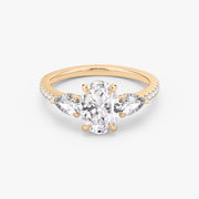 Oval Cut - Pave Band - Three Stone Ring - 0.25 Ct Side Stone each - 14 K Gold