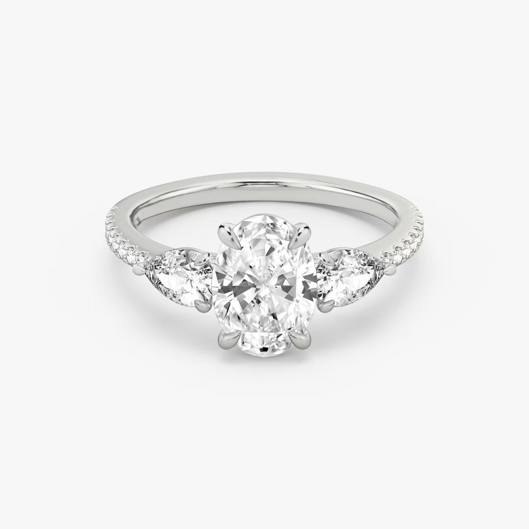 Oval Cut - Pave Band - Three Stone Ring - 0.25 Ct Side Stone each - 14 K Gold