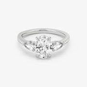 Oval Cut - Pave Band - Three Stone Ring - 0.25 Ct Side Stone each - 14 K Gold