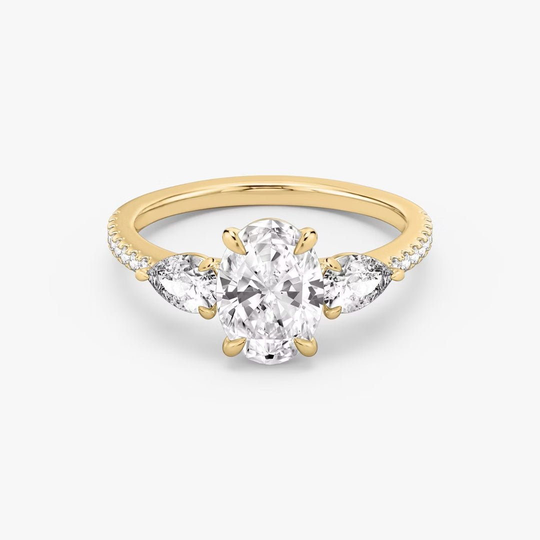 Oval Cut - Pave Band - Three Stone Ring - 0.25 Ct Side Stone each - 14 K Gold