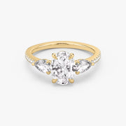 Oval Cut - Pave Band - Three Stone Ring - 0.25 Ct Side Stone each - 18 K Gold