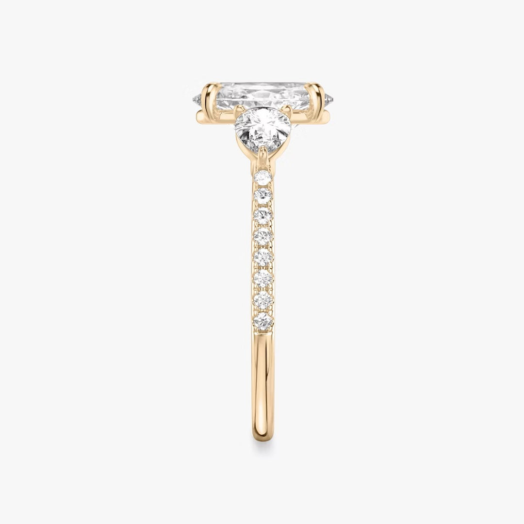 Oval Cut - Pave Band - Three Stone Ring - 0.25 Ct Side Stone each - 18 K Gold