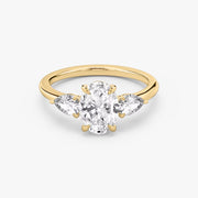 Oval Cut - Plain Band - Three Stone Ring - 0.25 Ct Side Stone each - 14 K Gold