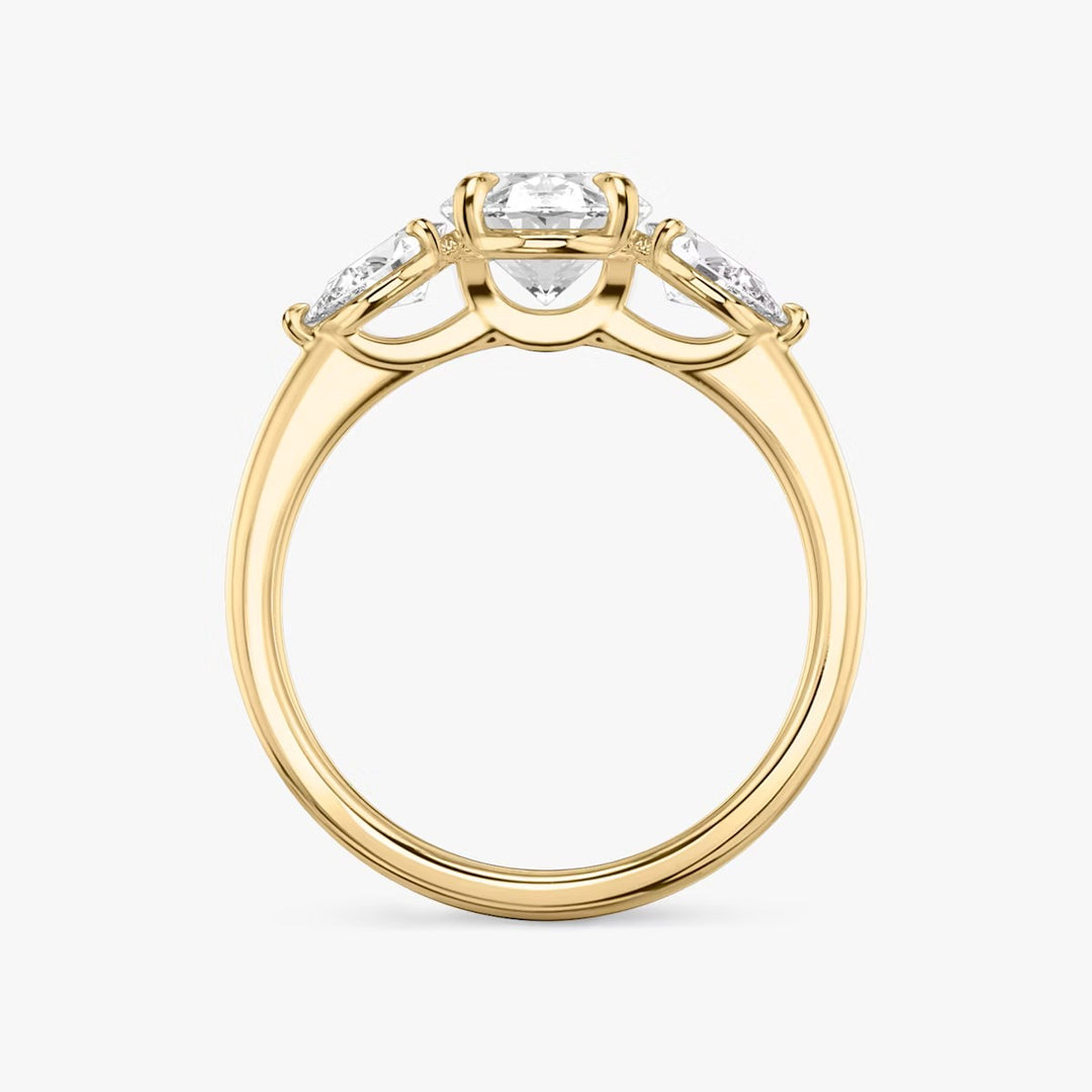 Oval Cut - Plain Band - Three Stone Ring - 0.25 Ct Side Stone each - 14 K Gold
