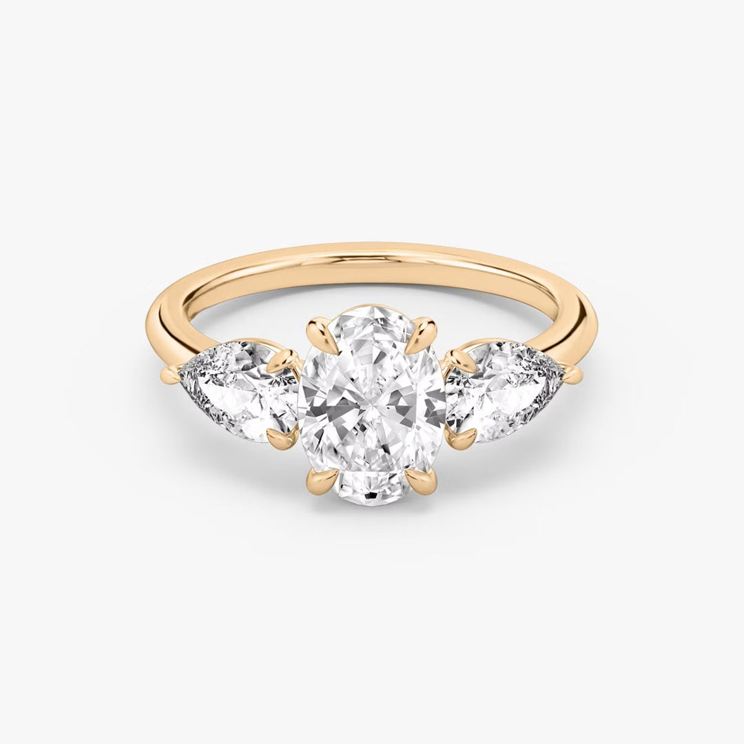 Oval Cut - Plain Band - Three Stone Ring- 0.5 Ct Side Stone each - 14 K Gold