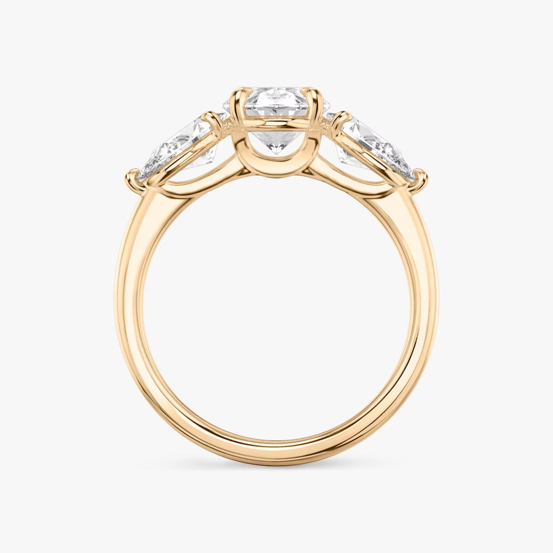 Oval Cut - Plain Band - Three Stone Ring- 0.5 Ct Side Stone each - 14 K Gold