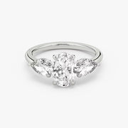 Oval Cut - Plain Band - Three Stone Ring- 0.5 Ct Side Stone each - 14 K Gold