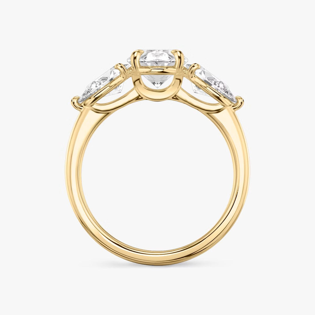 Oval Cut - Plain Band - Three Stone Ring- 0.5 Ct Side Stone each - 14 K Gold