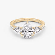 Pear Cut - Pave Band - Three Stone Ring - 0.25 Ct Side Stone each - 18 K Gold