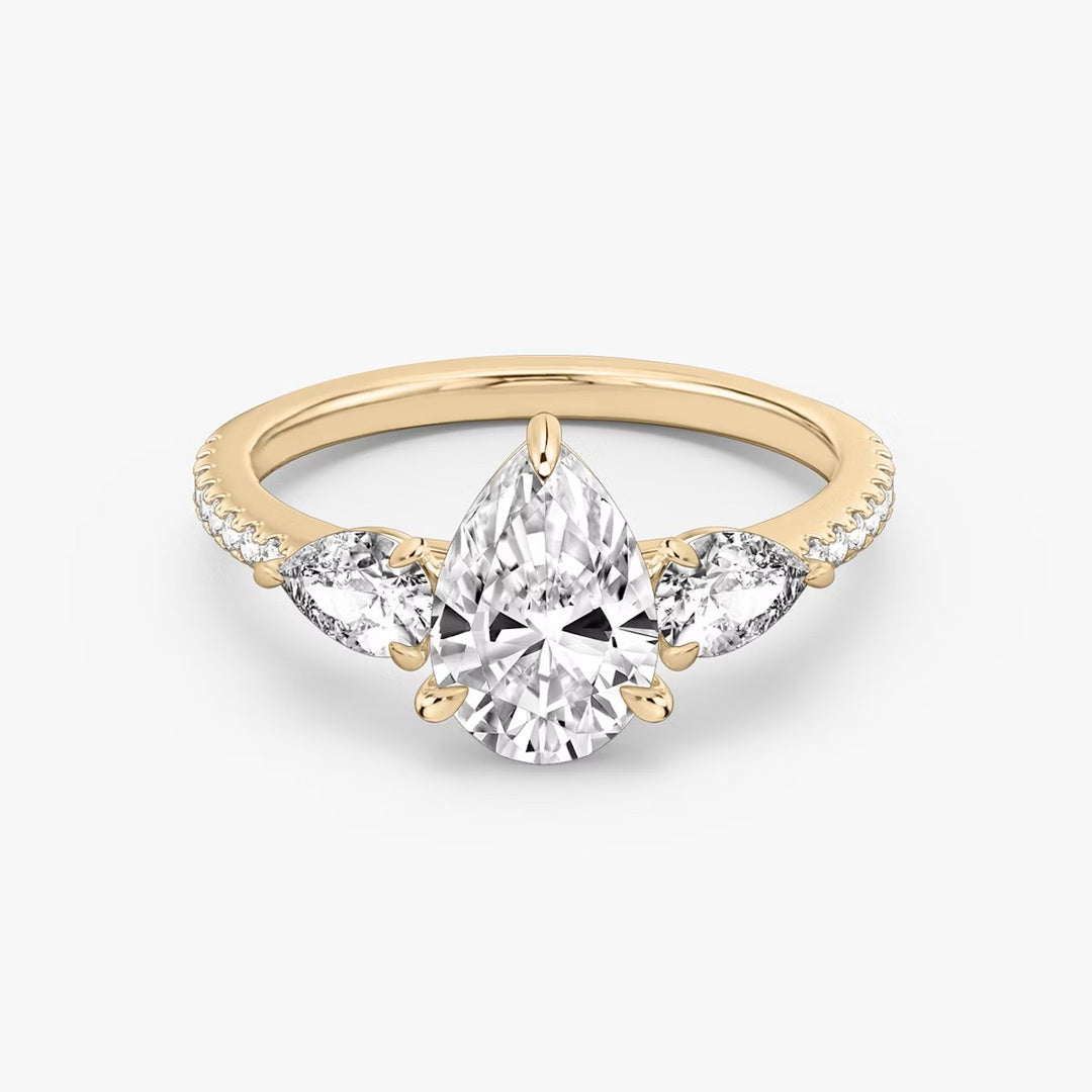 Pear Cut - Pave Band - Three Stone Ring - 0.25 Ct Side Stone each - 14 K Gold