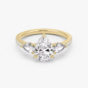 Pear Cut - Pave Band - Three Stone Ring - 0.25 Ct Side Stone each - 14 K Gold