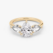 Pear Cut - Plain Band - Three Stone Ring- 0.5 Ct Side Stone each - 18 K Gold