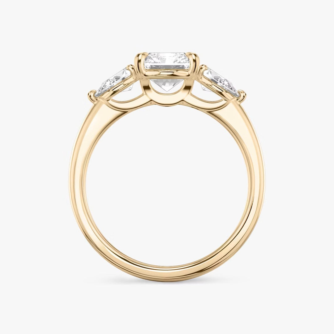 Radiant Cut - Plain Band - Three Stone Ring - 0.25 Ct Side Stone each - 14 K Gold