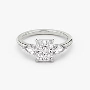 Radiant Cut - Plain Band - Three Stone Ring - 0.25 Ct Side Stone each - 14 K Gold