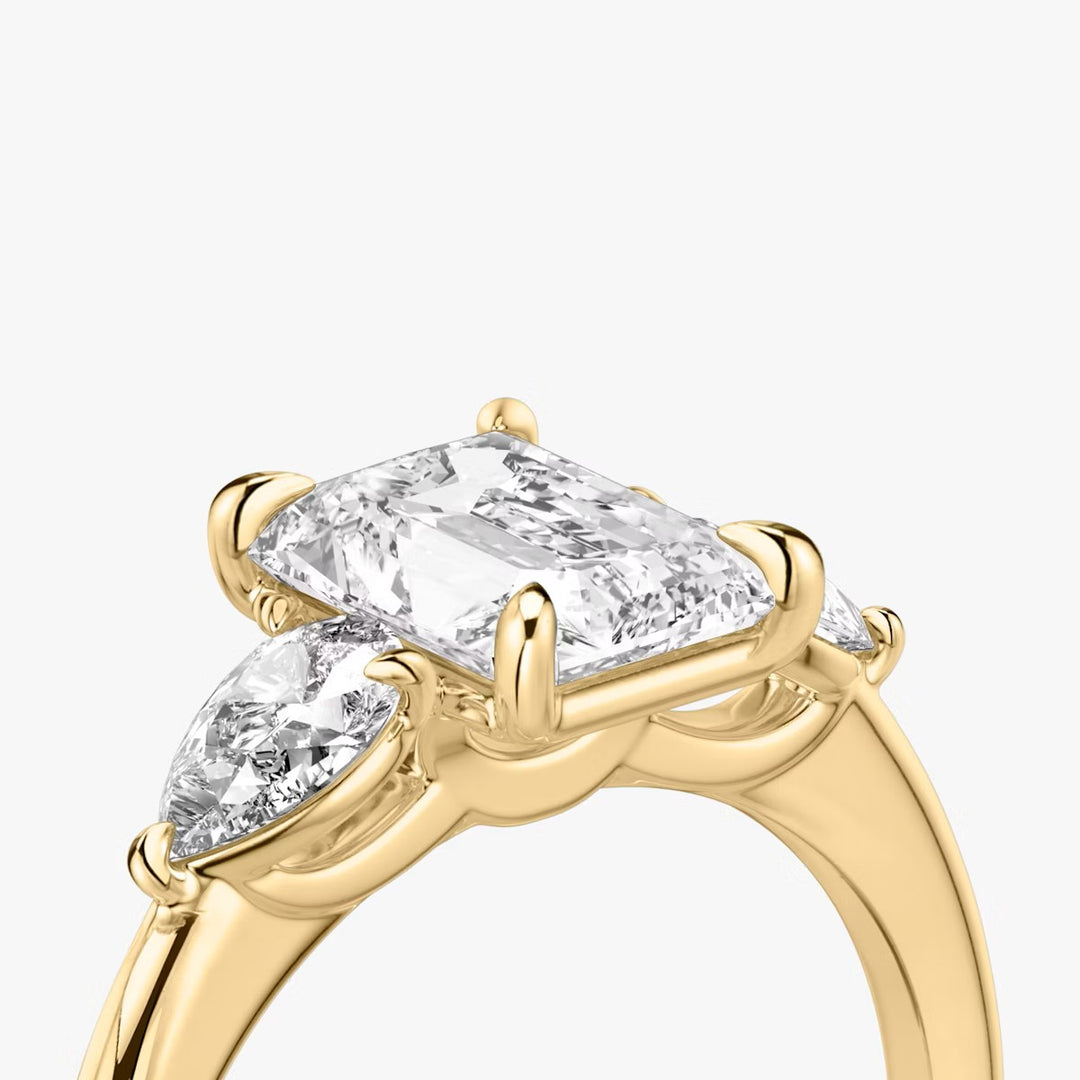 Radiant Cut - Plain Band - Three Stone Ring - 0.25 Ct Side Stone each - 14 K Gold