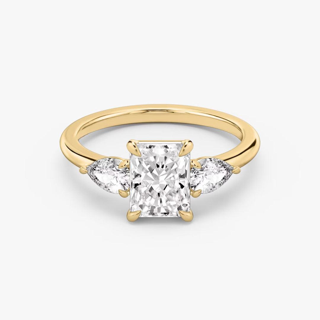 Radiant Cut - Plain Band - Three Stone Ring - 0.25 Ct Side Stone each - 18 K Gold