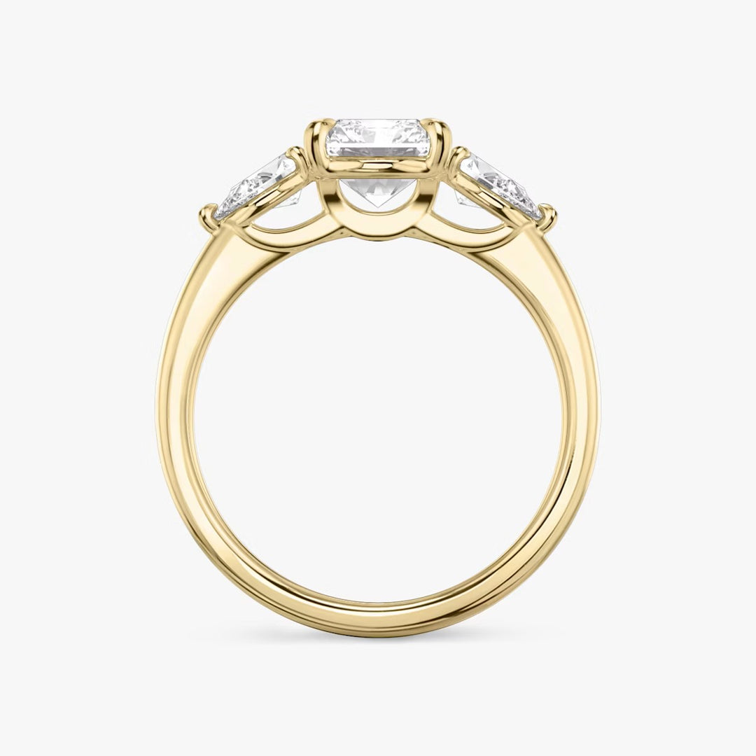 Radiant Cut - Plain Band - Three Stone Ring - 0.25 Ct Side Stone each - 18 K Gold