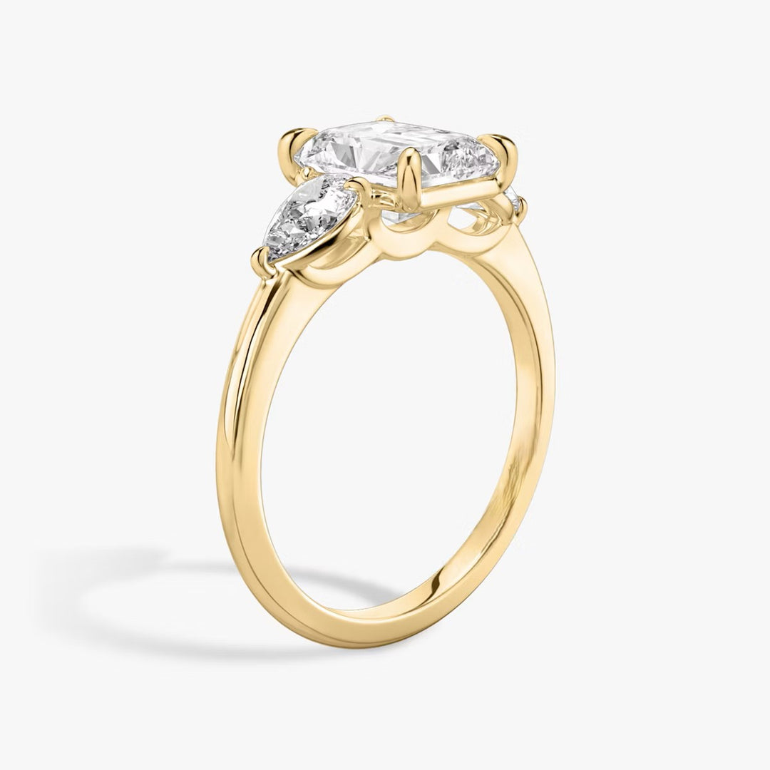 Radiant Cut - Plain Band - Three Stone Ring - 0.25 Ct Side Stone each - 14 K Gold