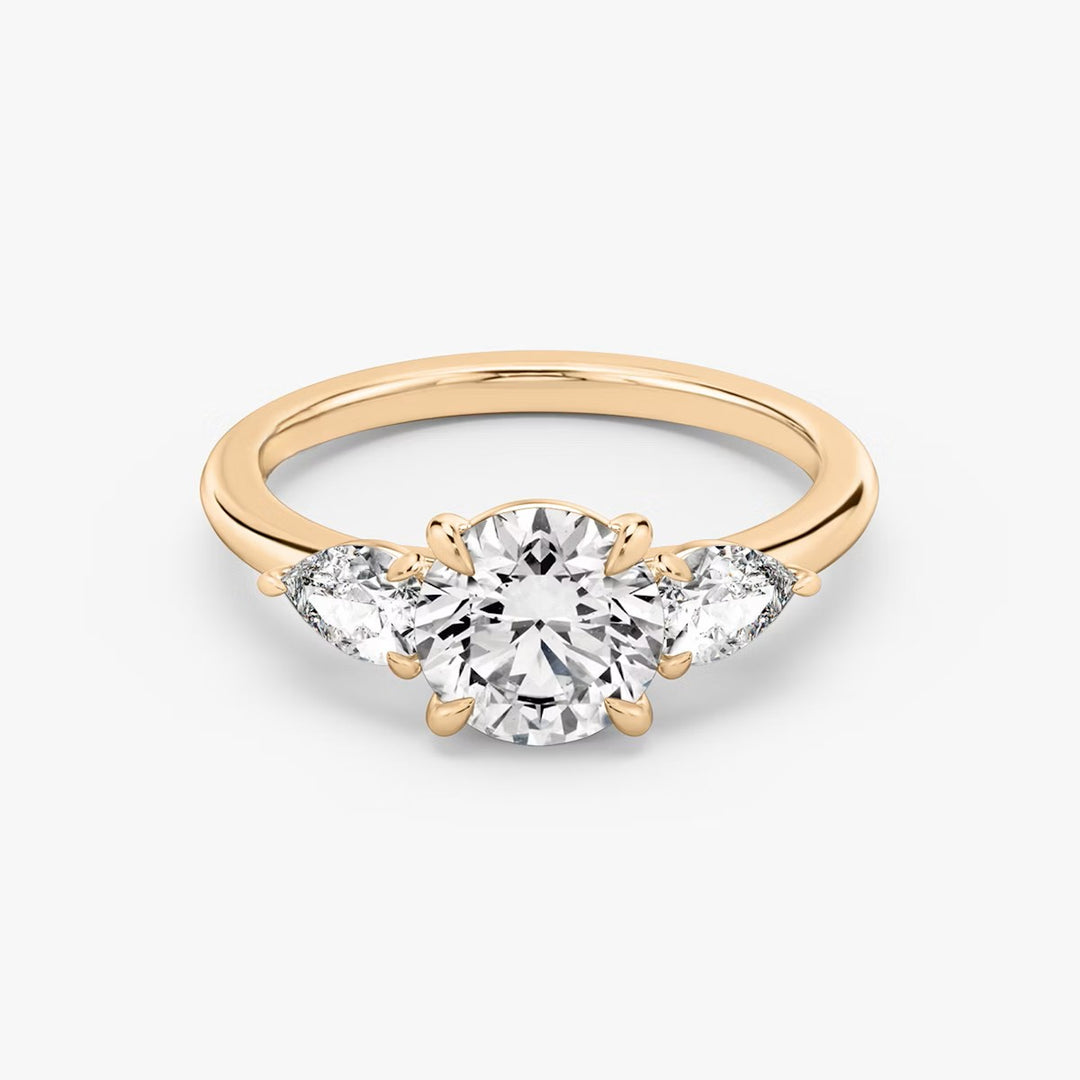 Round Cut - Plain Band - Three Stone Ring- 0.5 Ct Side Stone each - 18 K Gold