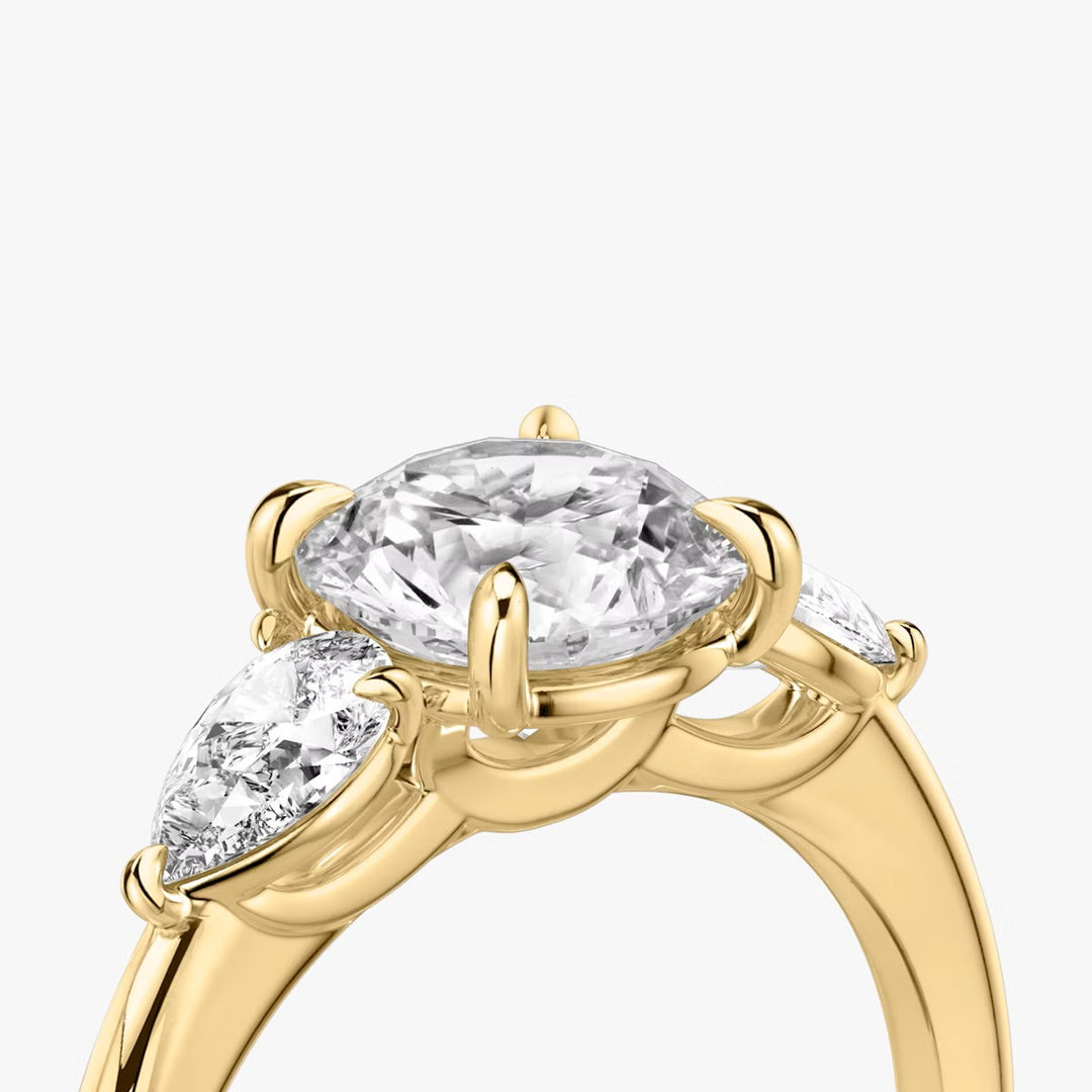 Round Cut - Plain Band - Three Stone Ring- 0.5 Ct Side Stone each - 14 K Gold