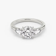 Round Cut - Plain Band - Three Stone Ring - 0.25 Ct Side Stone each - 14 K Gold