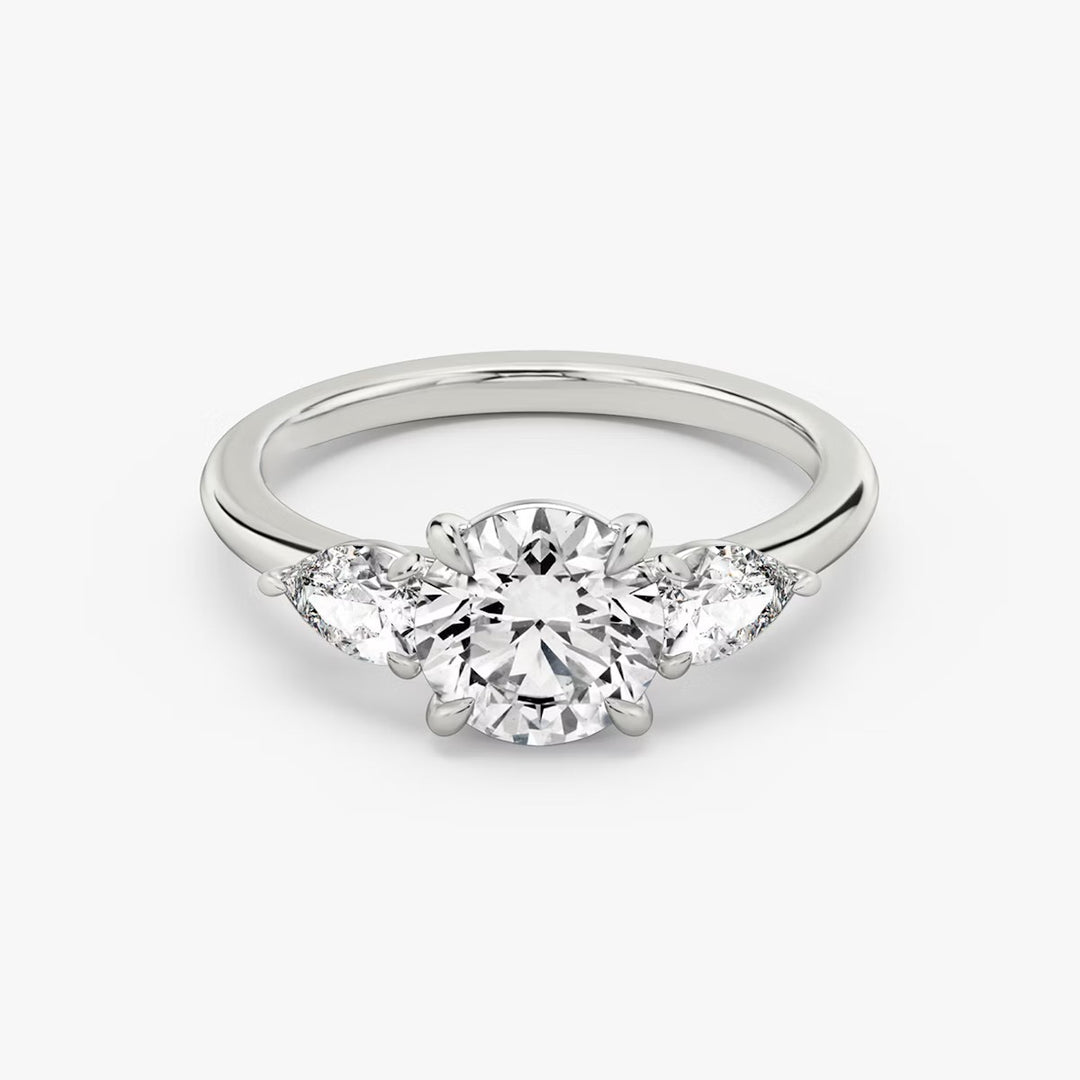 Round Cut - Plain Band - Three Stone Ring- 0.5 Ct Side Stone each