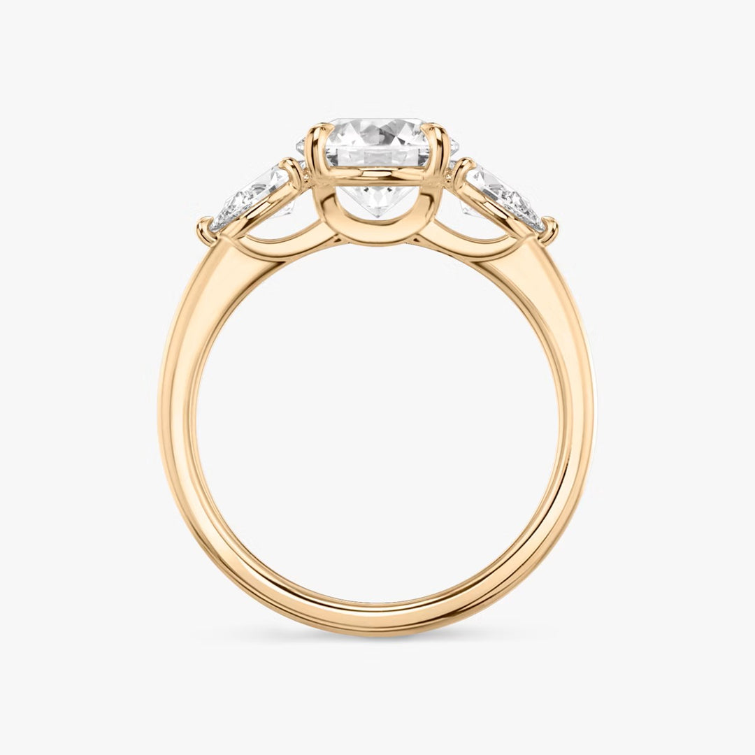 Round Cut - Plain Band - Three Stone Ring - 0.25 Ct Side Stone each - 14 K Gold