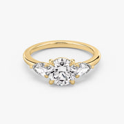 Round Cut - Plain Band - Three Stone Ring - 0.25 Ct Side Stone each - 18 K Gold
