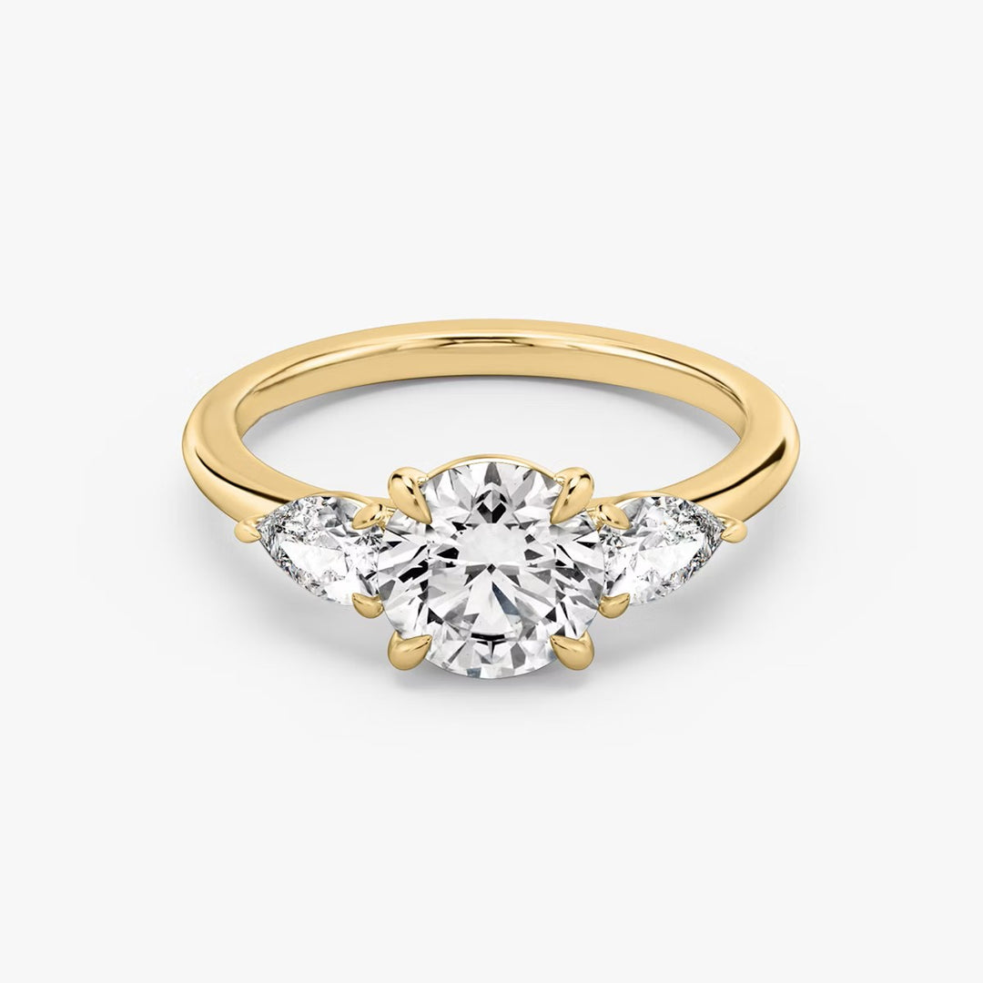 Round Cut - Plain Band - Three Stone Ring - 0.25 Ct Side Stone each - 14 K Gold